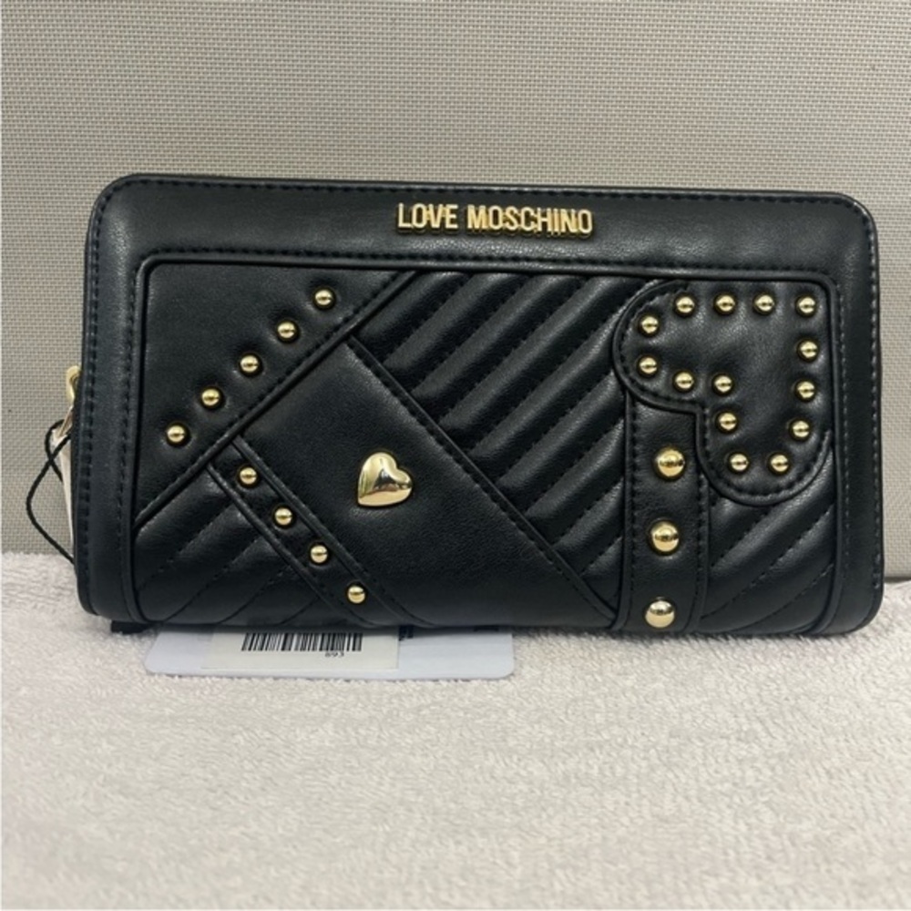 Love Moschino Black Zip Around Wallet Gold Stud Heart Designer NWT